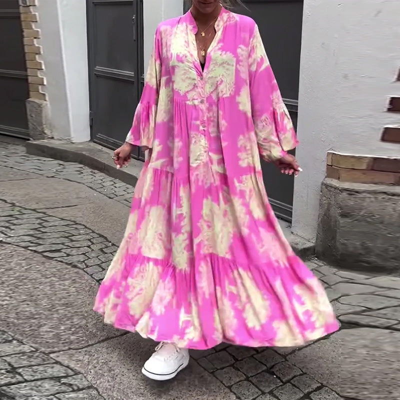 Greta - Ample Patchwork Dress with V-Neck and Printed Bell Sleeves