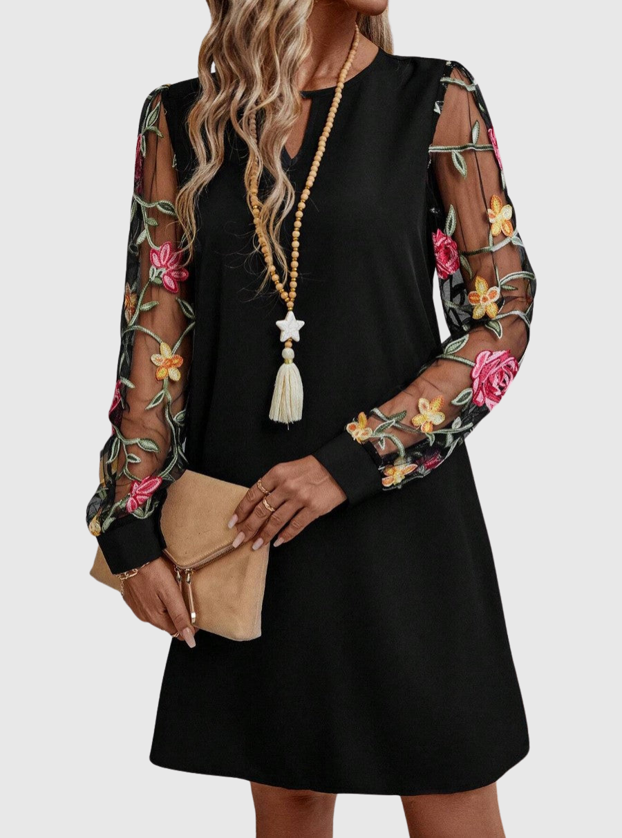 Neravira - Women's Dress with Plunge Neckline and Sheer Sleeves