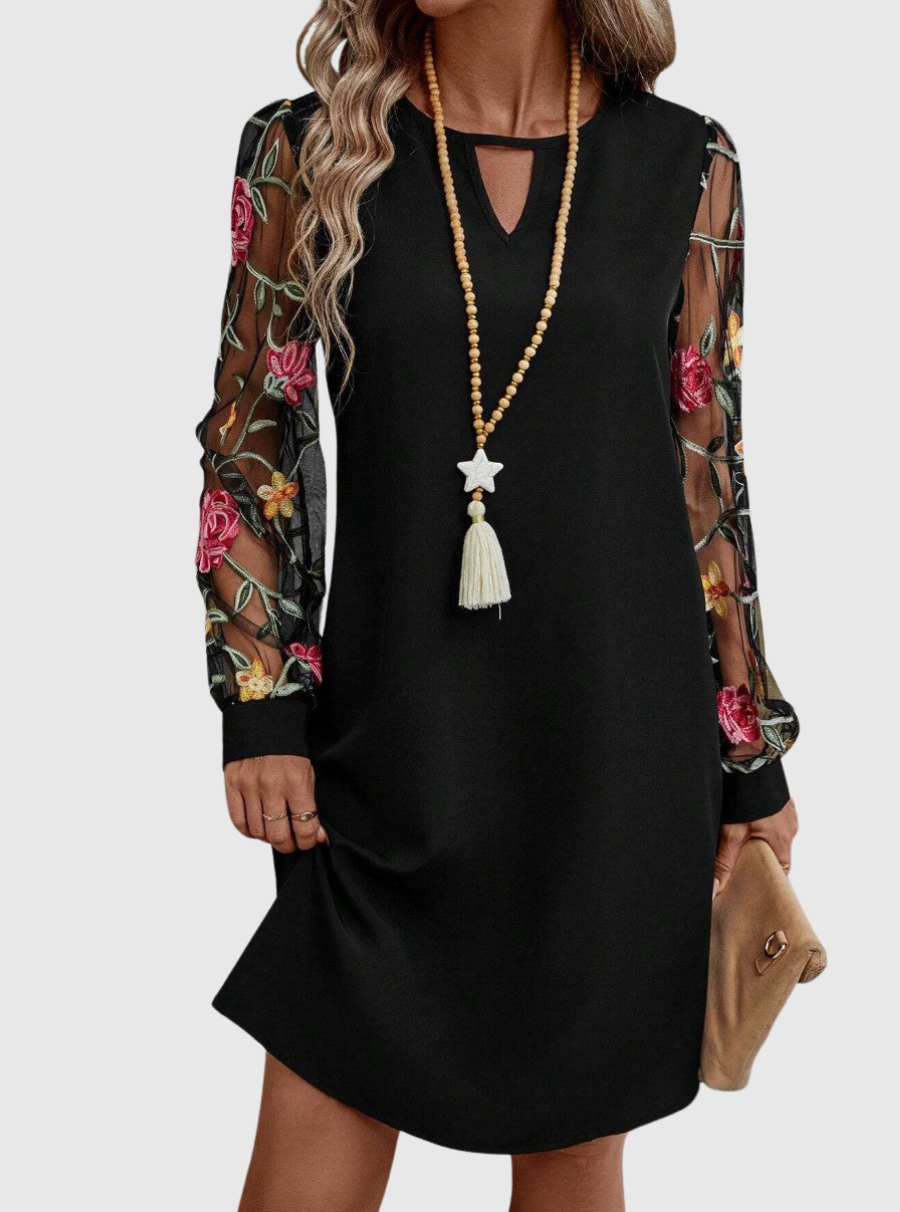 Neravira - Women's Dress with Plunge Neckline and Sheer Sleeves