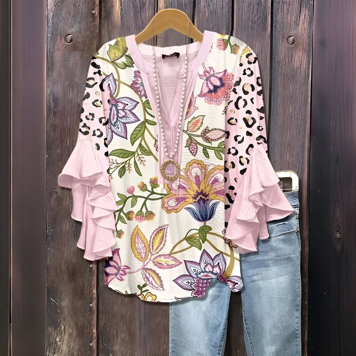 Elyara™ - Casual blouse with leaf pattern