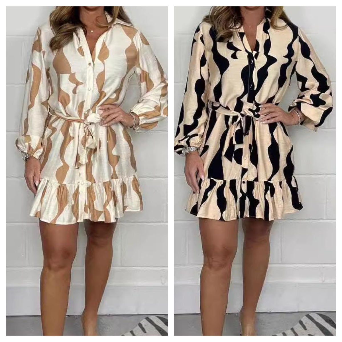 Perlina - Irregular Stripe Shirt Dress with Lapel Collar and Tie Belt