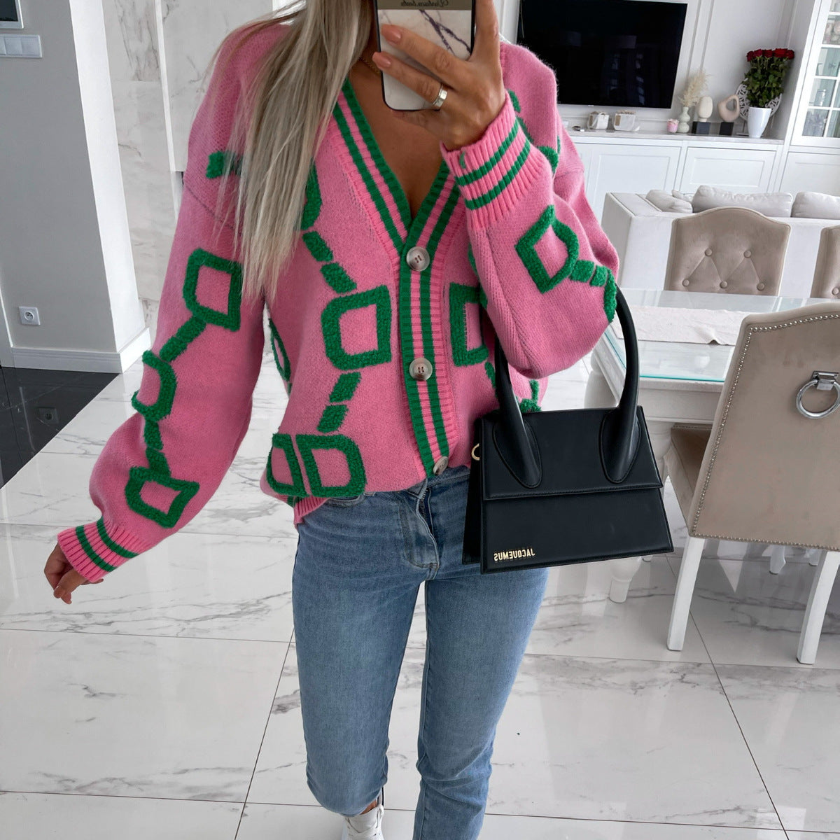 Aliza™ - V-Neck Contrast Knit Cardigan