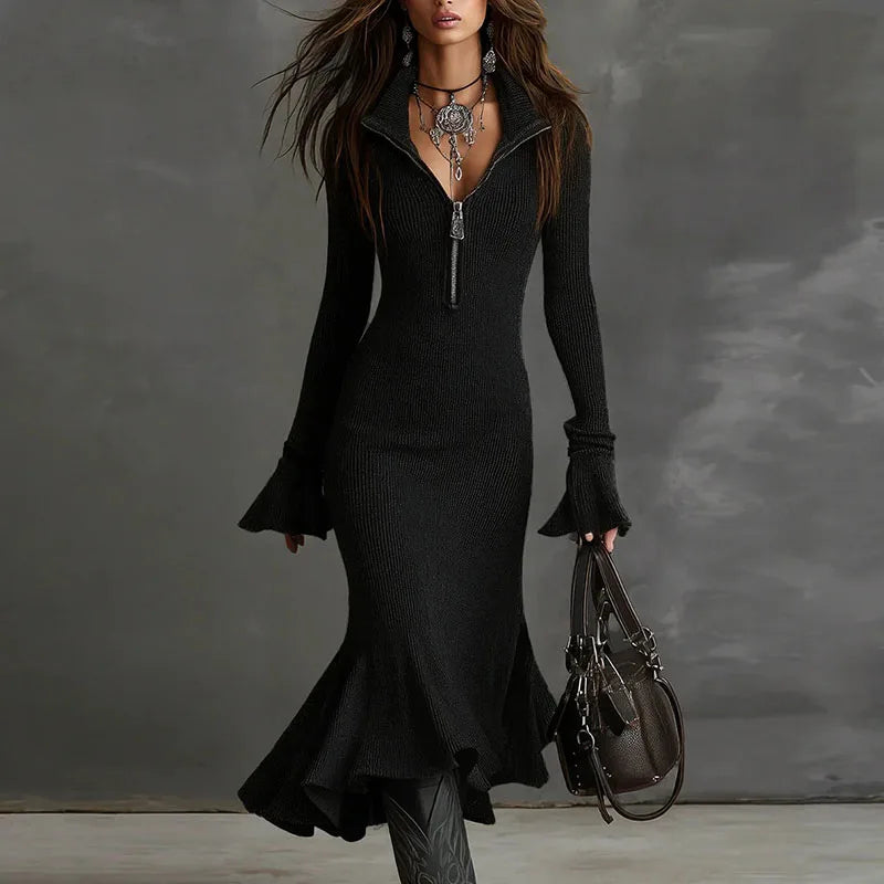 Pravielle - Long Dress with Folded Collar and Flared Sleeves