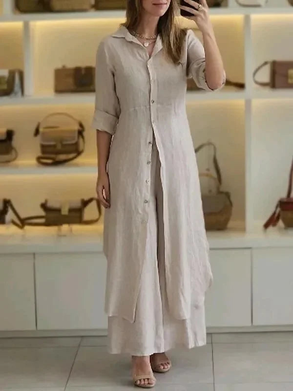 Bresina - Elegant linen ensemble featuring a long shirt dress and flowing pants