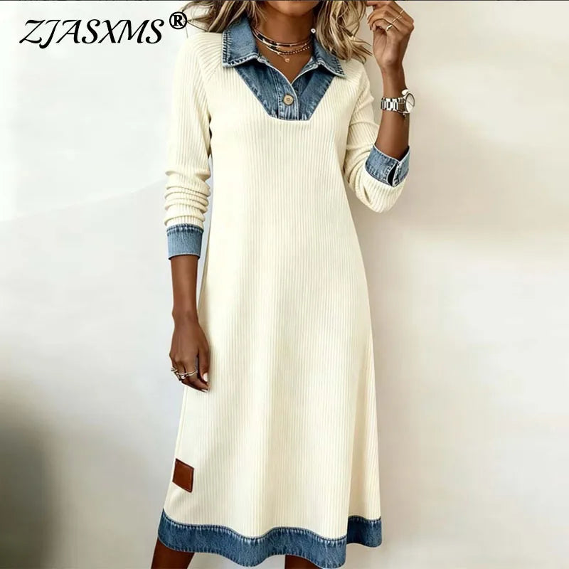 Helirra - Elegant Long Shirt Collar Patchwork Dress – Casual Autumn Style