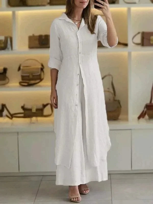 Bresina - Elegant linen ensemble featuring a long shirt dress and flowing pants