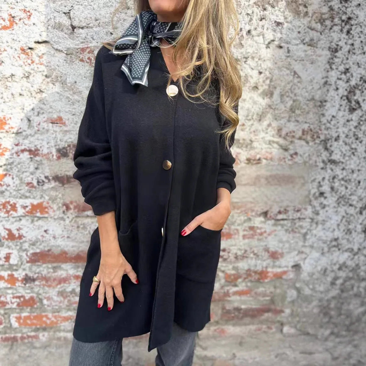 Giselora - Thick Knit Cardigan with Gold Buttons and Front Pockets