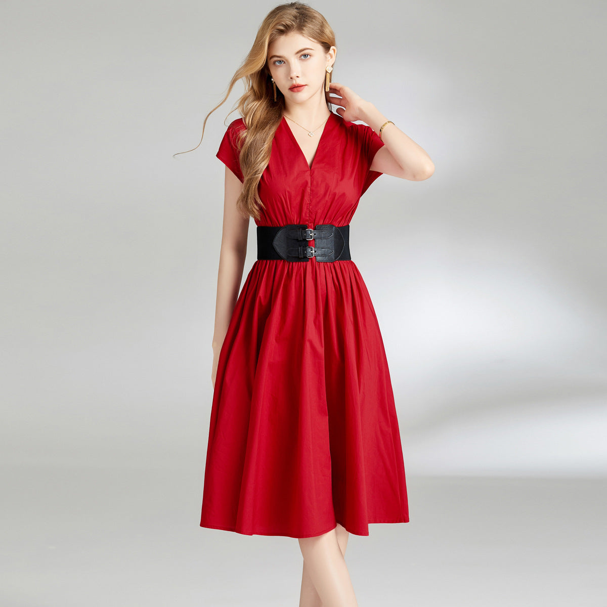 Slim Fit Sleeveless Midi Dress with High Waist – Women’s Red