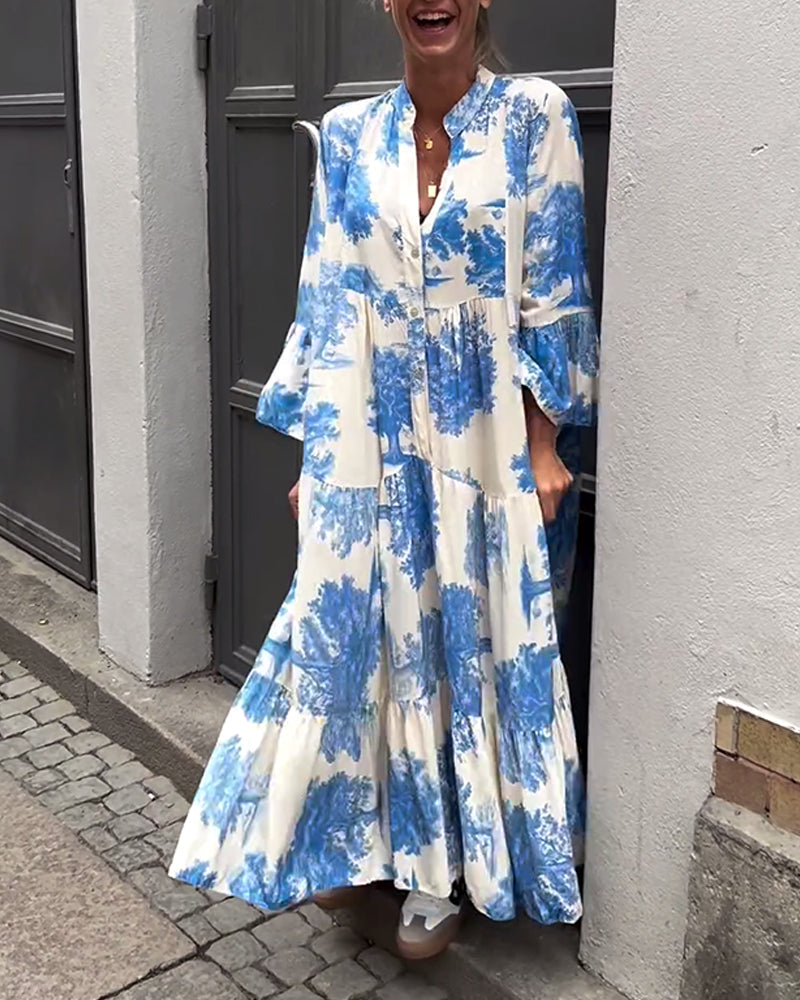 Greta - Ample Patchwork Dress with V-Neck and Printed Bell Sleeves