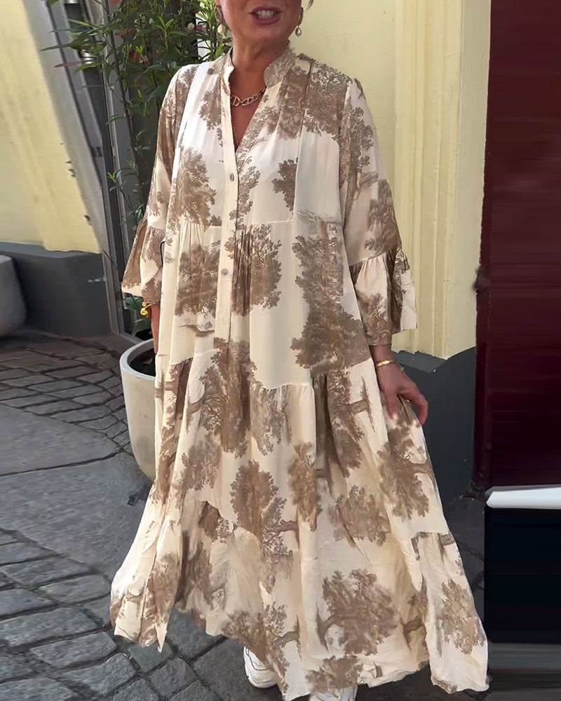 Greta - Ample Patchwork Dress with V-Neck and Printed Bell Sleeves
