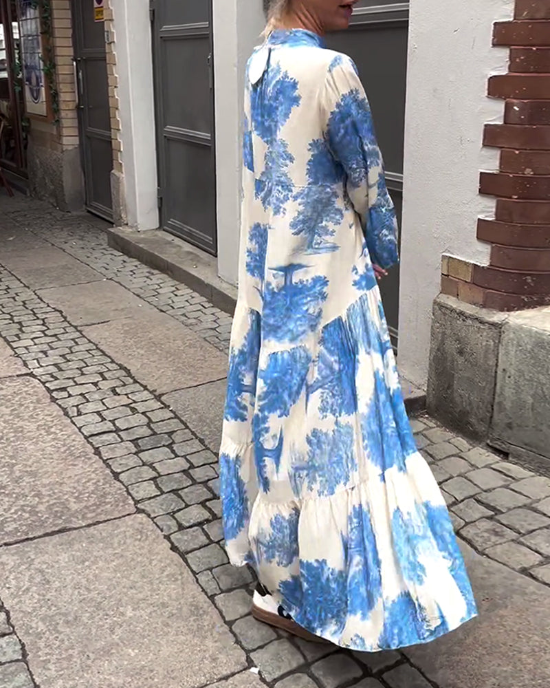 Greta - Ample Patchwork Dress with V-Neck and Printed Bell Sleeves