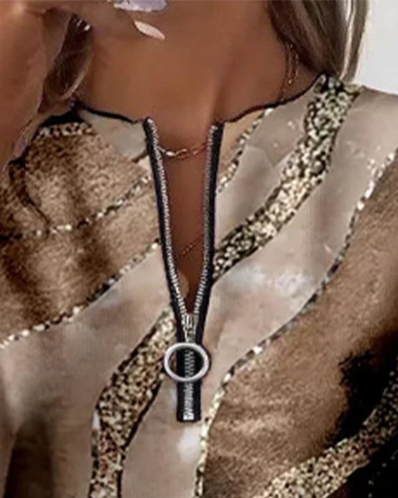 Dorevienne - Casual Half-Zip Vintage Print Sweatshirt