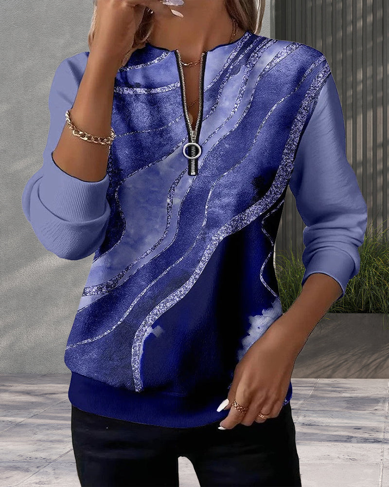 Dorevienne - Casual Half-Zip Vintage Print Sweatshirt