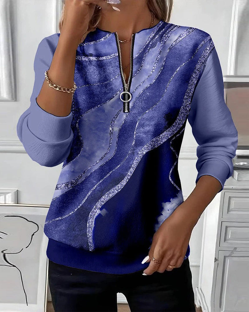 Dorevienne - Casual Half-Zip Vintage Print Sweatshirt