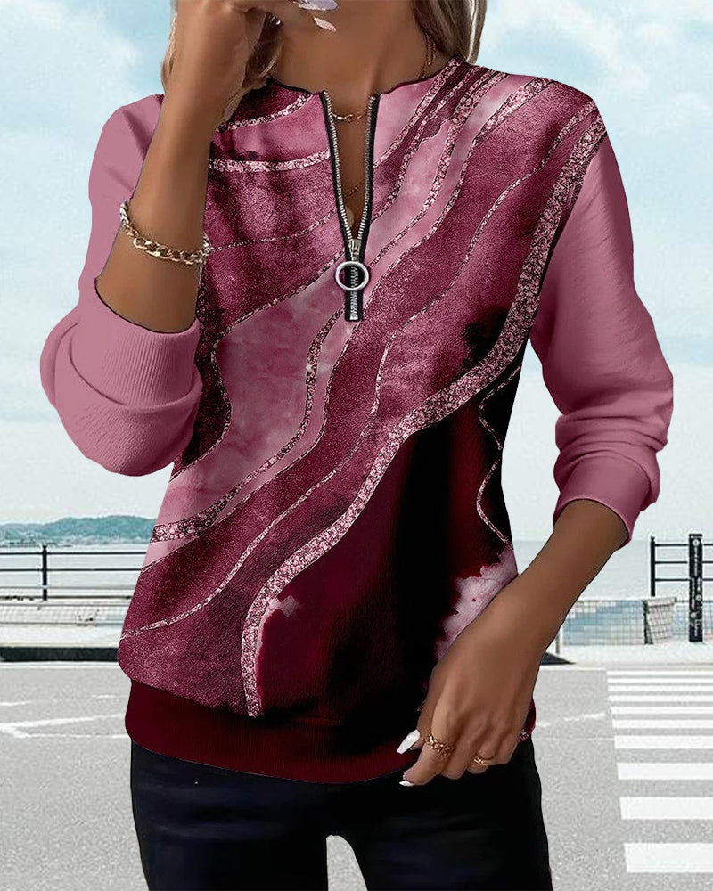 Dorevienne - Casual Half-Zip Vintage Print Sweatshirt