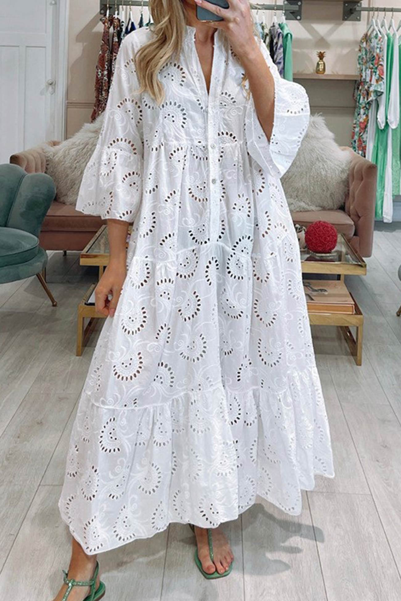 Noa - Cotton Dress with Embroidered Sleeves and V-Neckline