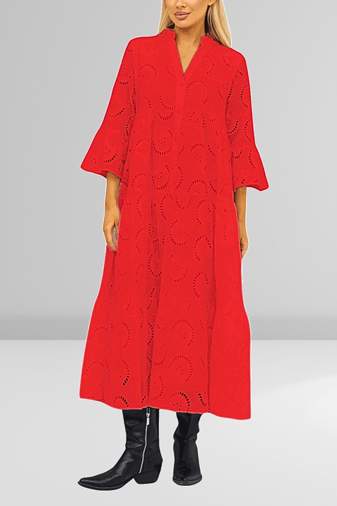 Noa - Cotton Dress with Embroidered Sleeves and V-Neckline
