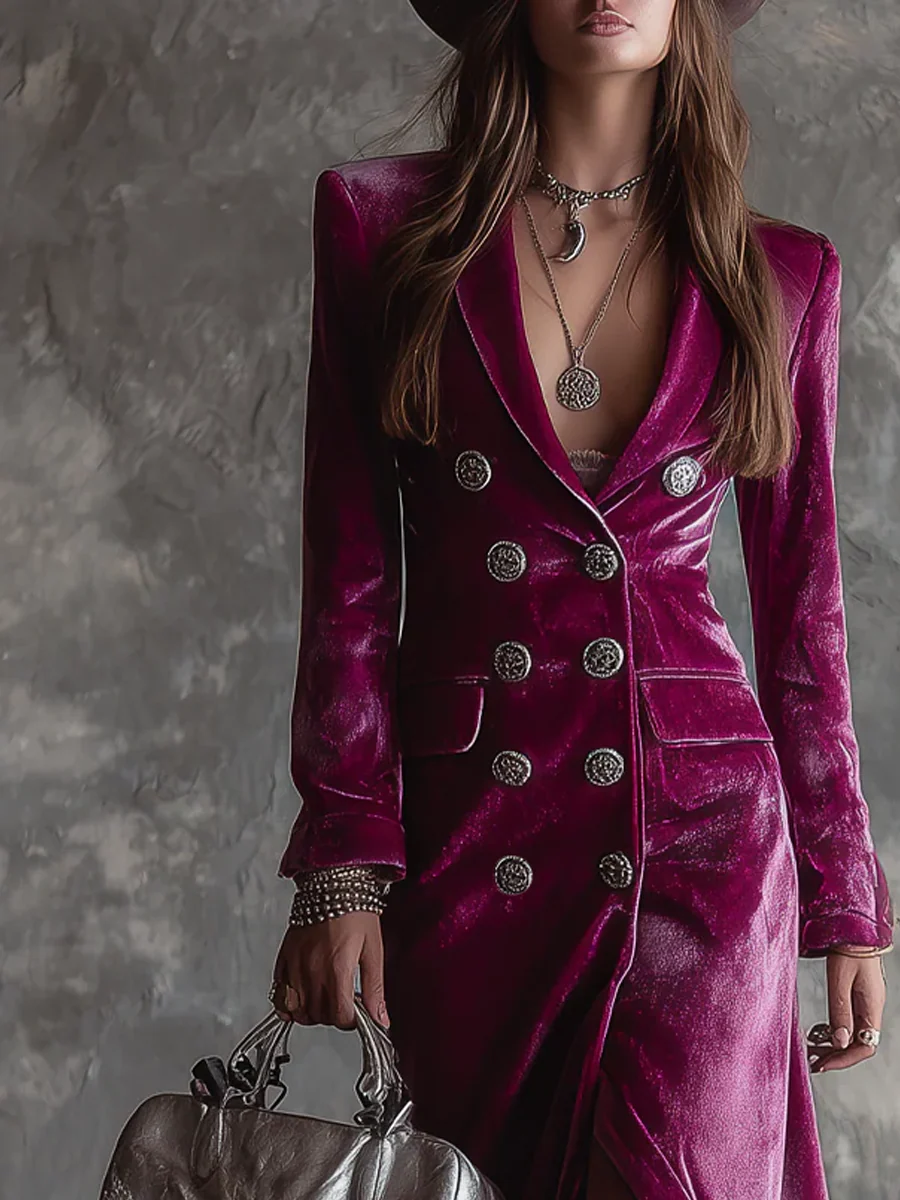 Helavine - Elegant Long Velvet Blazer Dress