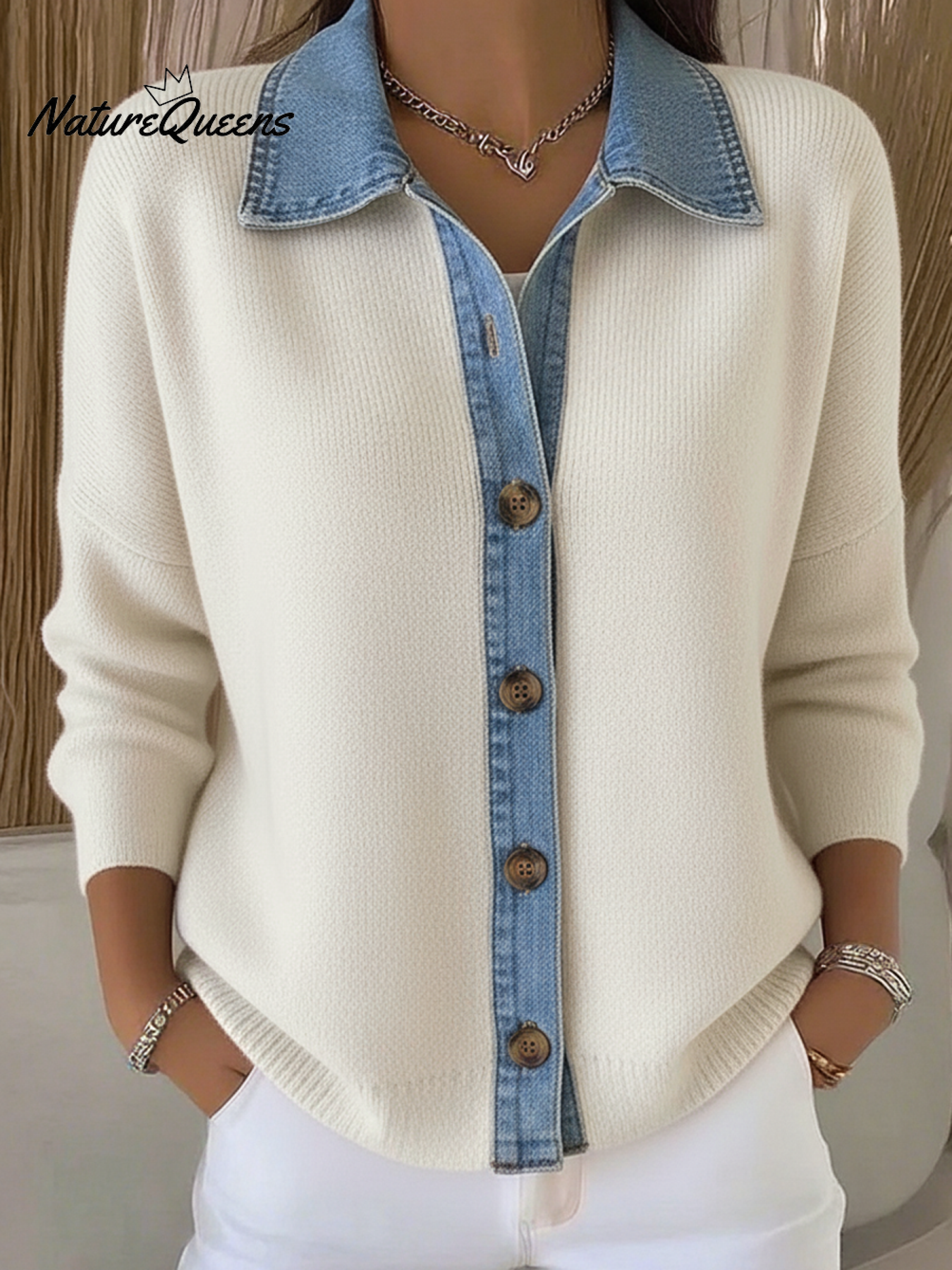 Ceralisse - Denim Effect Knitted Cardigan with Polo Collar