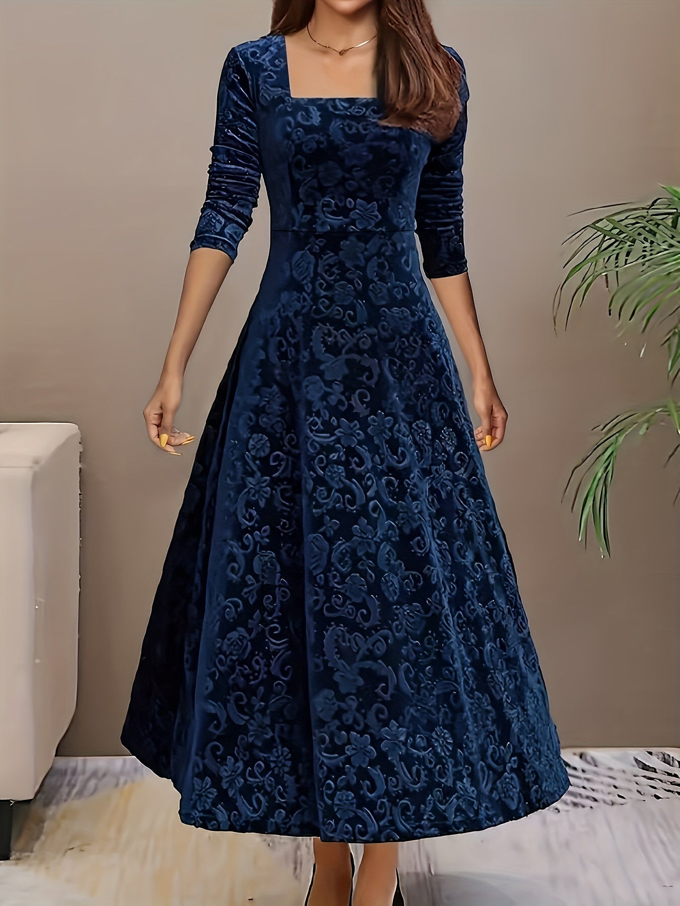 Morwenna - Stylish Cotton Floral Pattern Square Neck Velvet Formal Dress for Women | Ideal for Every Season
