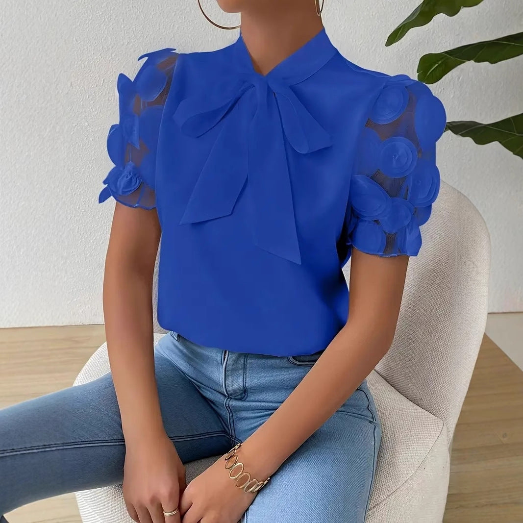 Cirelle™ - Plain lace summer blouse with bow and short sleeves