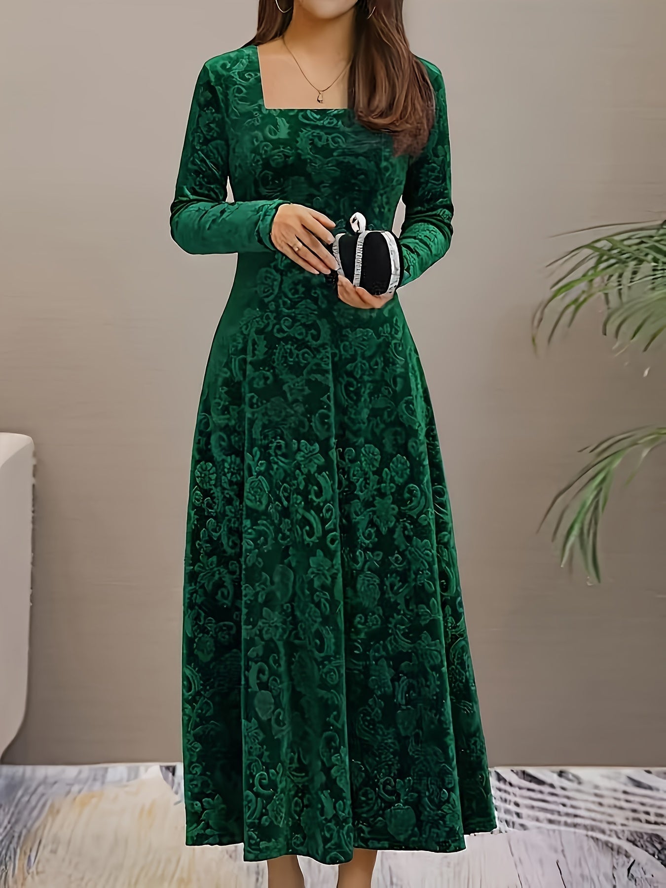 Morwenna - Stylish Cotton Floral Pattern Square Neck Velvet Formal Dress for Women | Ideal for Every Season