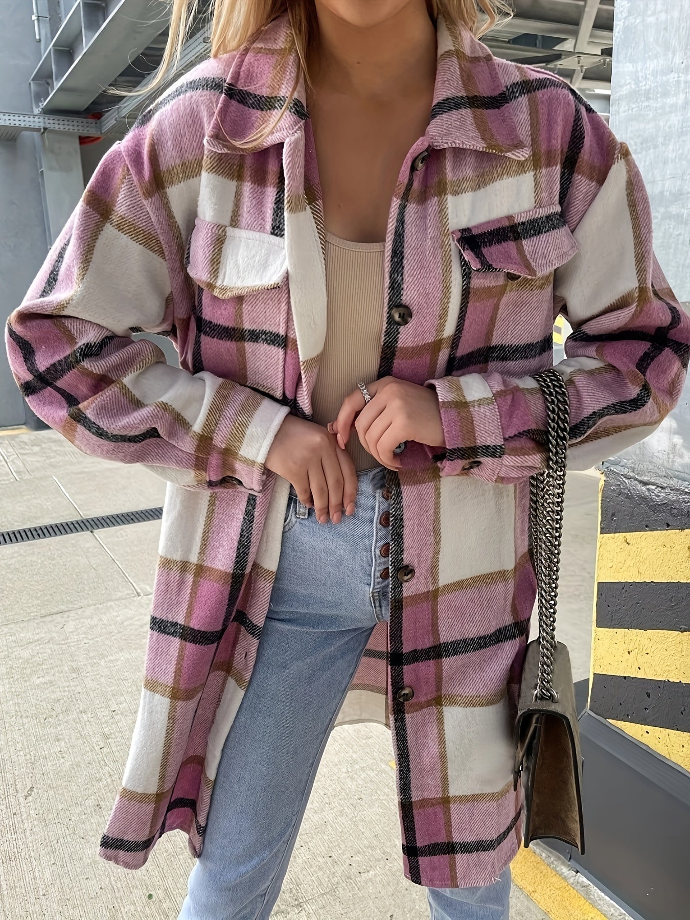 Evelora™ - Long Check Print Coat for Women