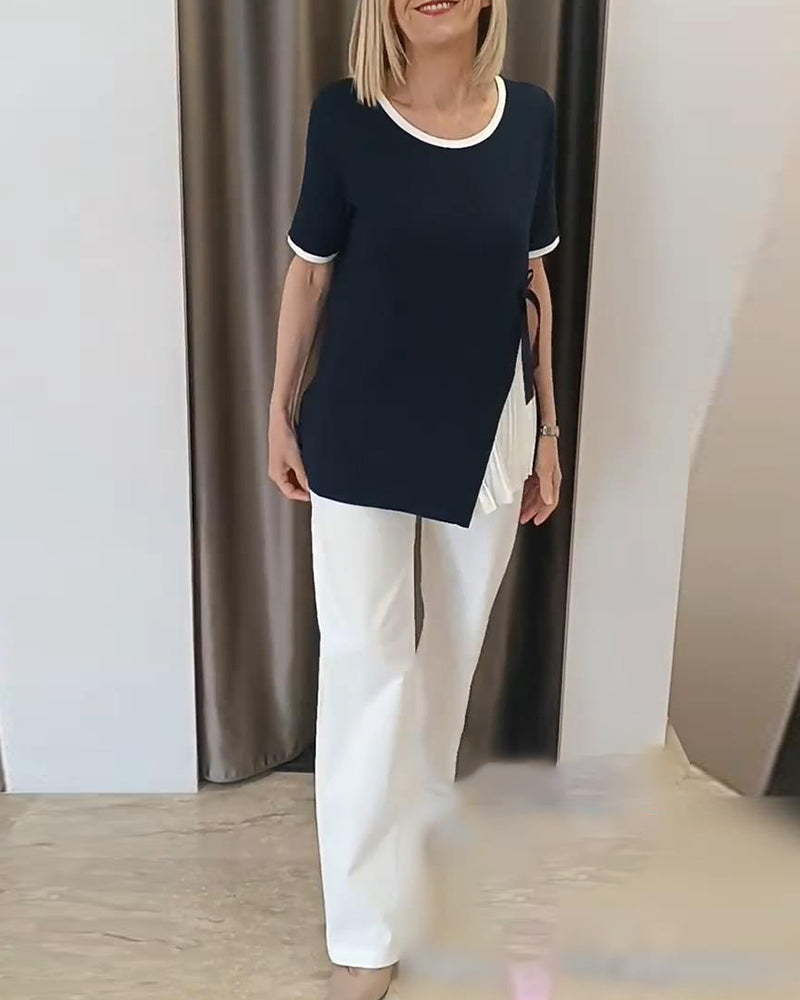 Blouse Col Rond Contraste Plissée