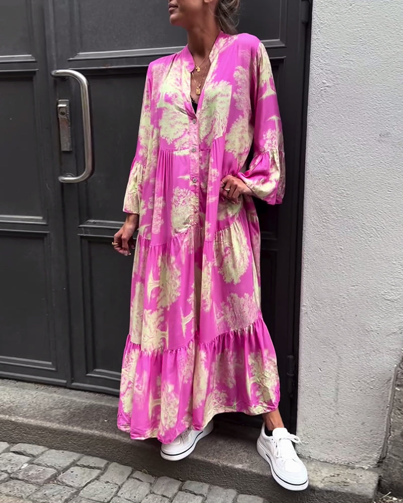 Greta - Ample Patchwork Dress with V-Neck and Printed Bell Sleeves