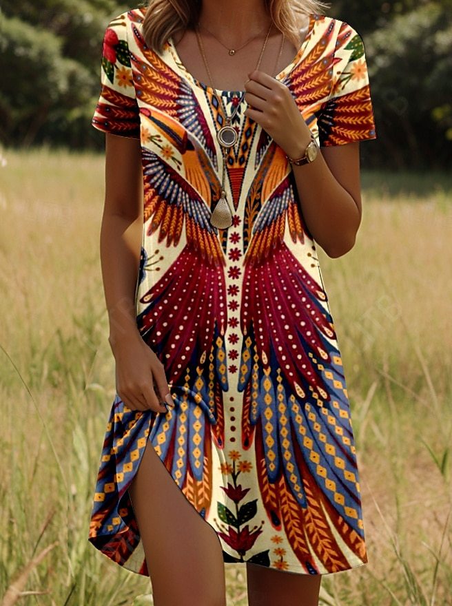 Nivara™ - Short Sleeve Indian Print Round Neck Dress