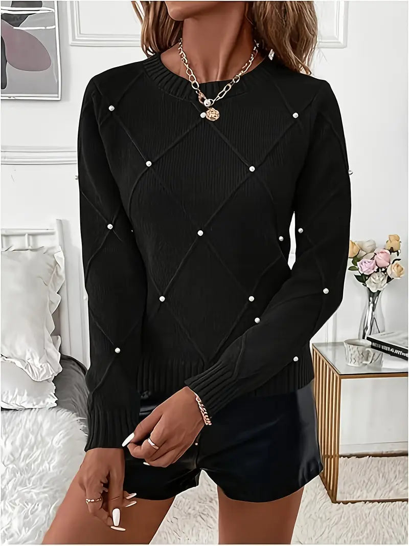 Fayrienne - Women's Knitted Jumper with Decorative Pearls