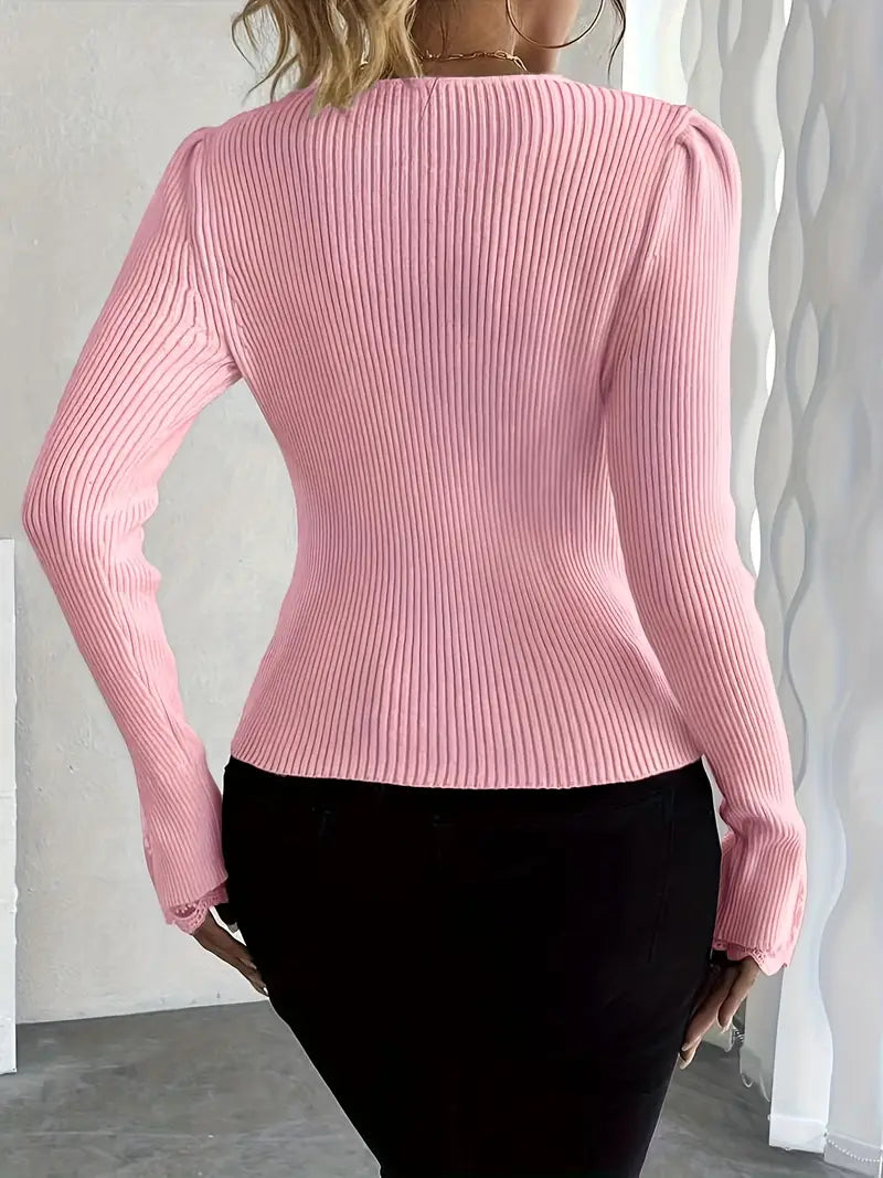 Noralissa - Elegant Lace-Trimmed Sweater with V-Neck