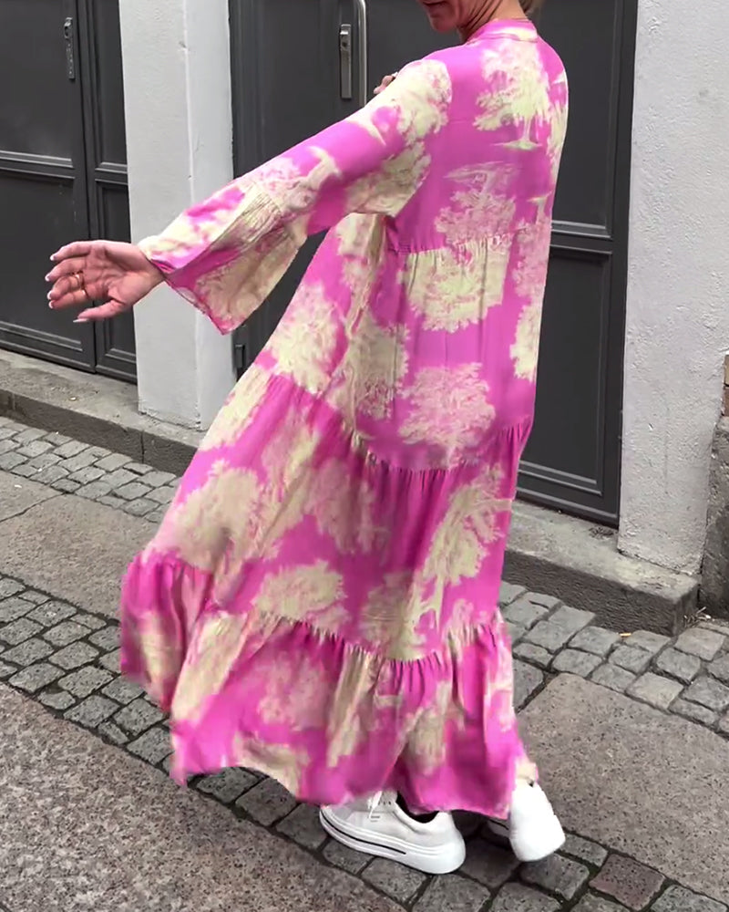 Greta - Ample Patchwork Dress with V-Neck and Printed Bell Sleeves