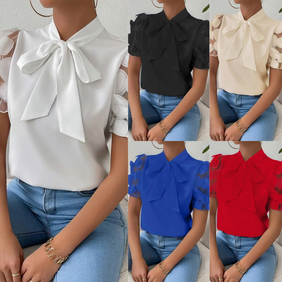 Cirelle™ - Plain lace summer blouse with bow and short sleeves