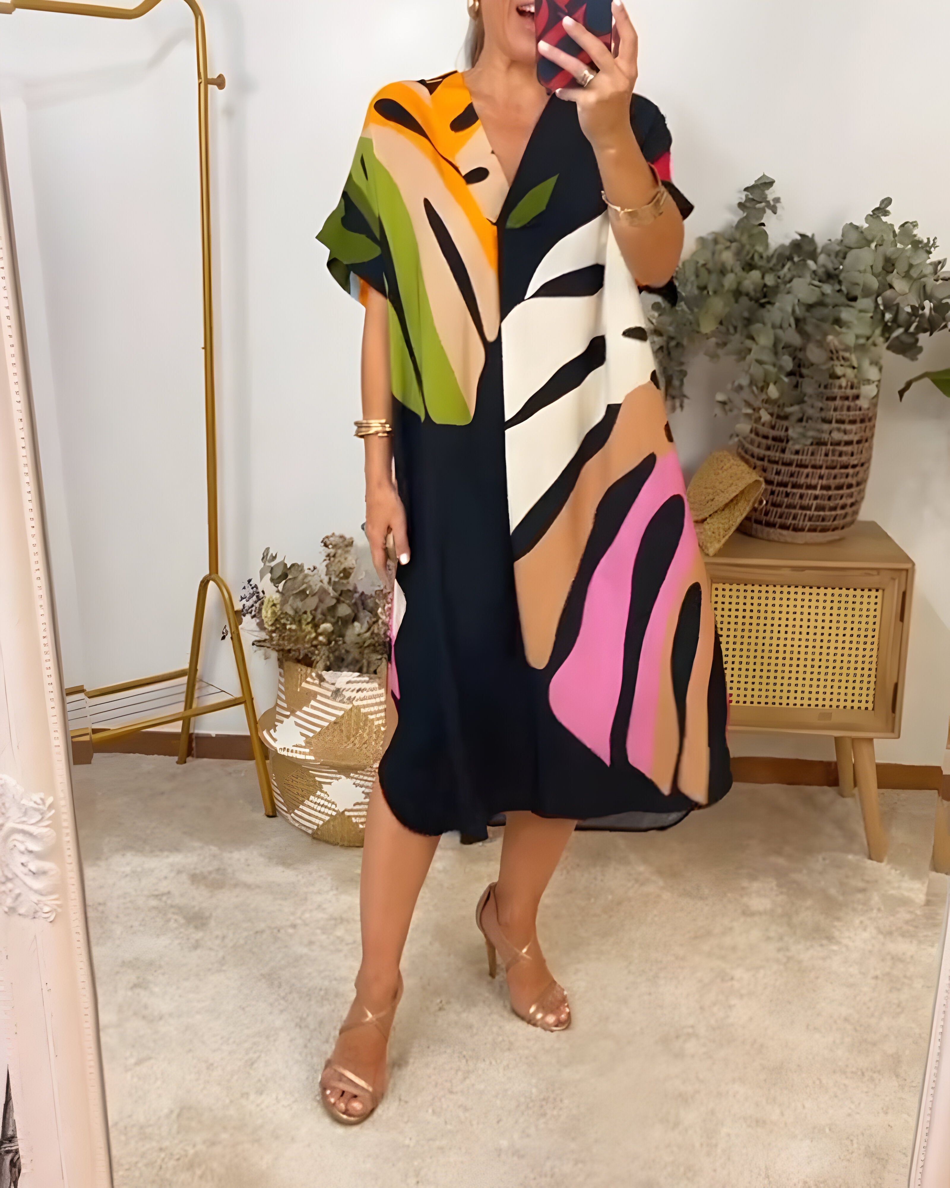 Nerissa - Colorful Leaf Print Casual Dress for Fresh, Natural Style