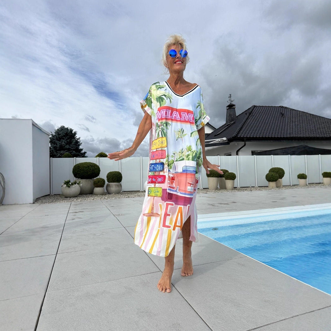 Cerelina - Women's short-sleeved V-neck summer dress with print