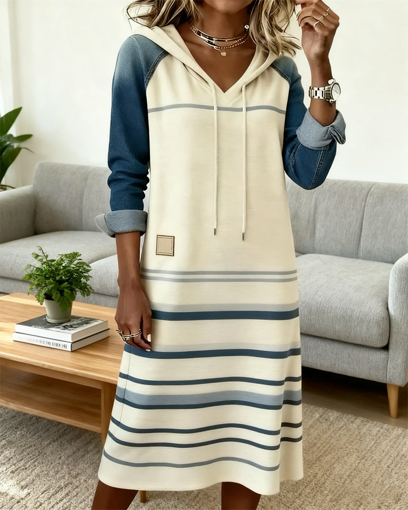 Ceralyn - Casual Hoodie Dress with Patchwork Stripes