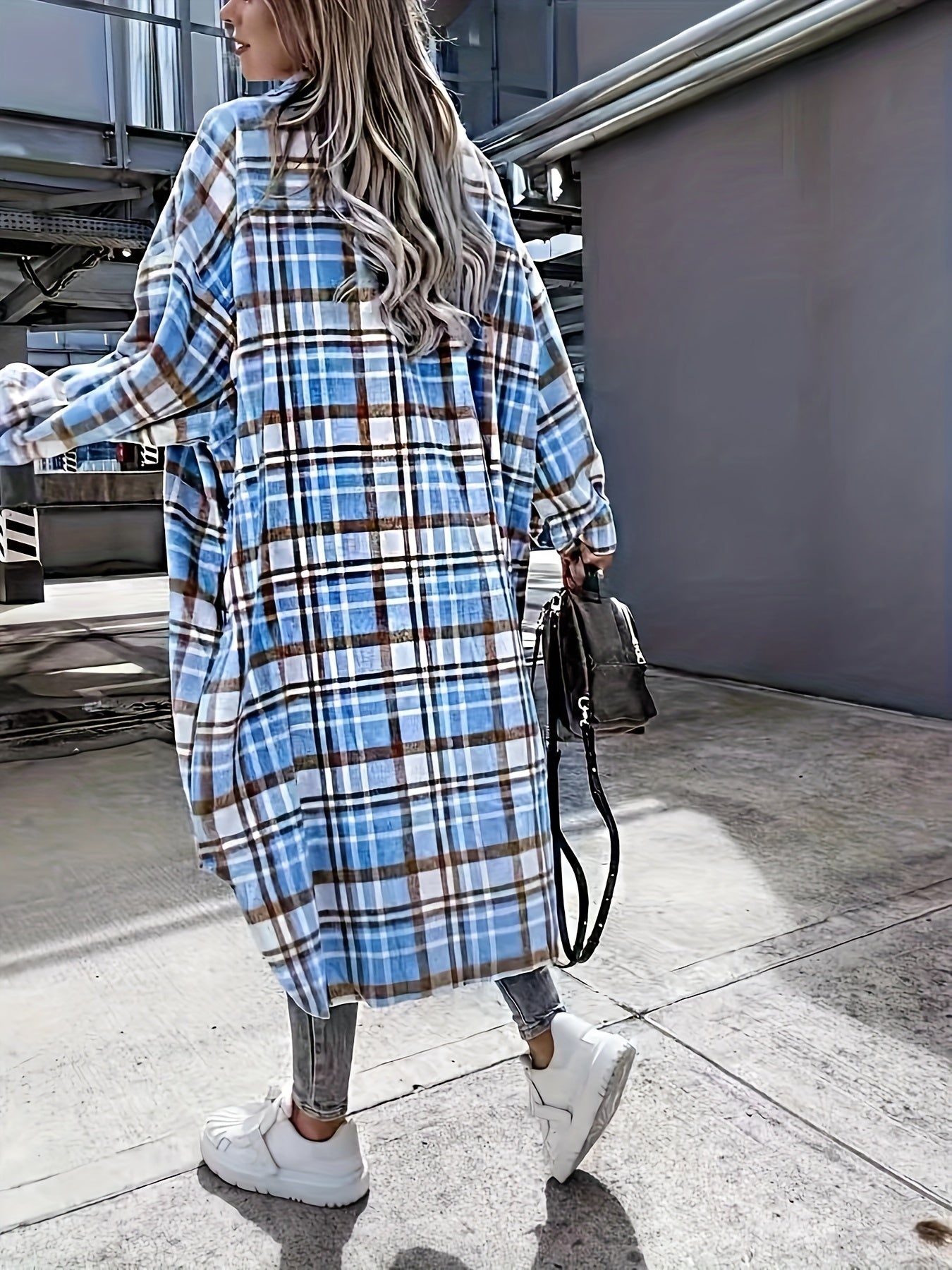 Evelora™ - Long Check Print Coat for Women