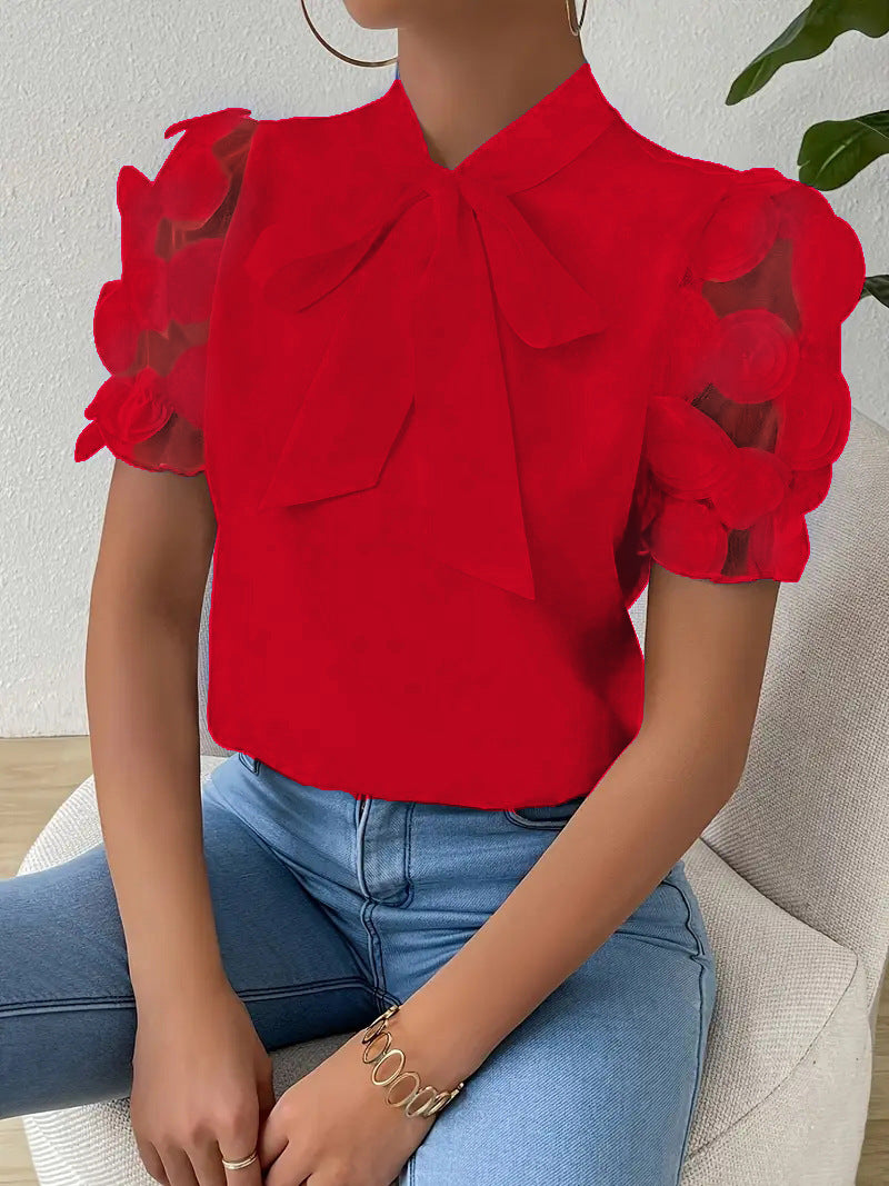 Cirelle™ - Plain lace summer blouse with bow and short sleeves