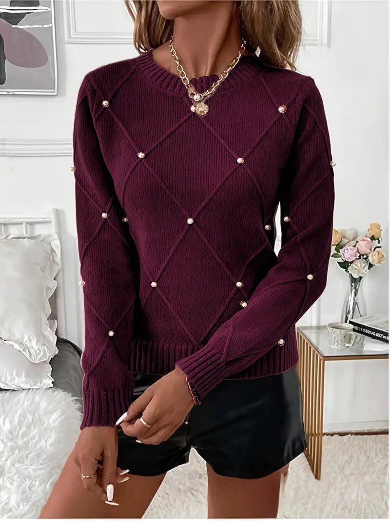 Fayrienne - Women's Knitted Jumper with Decorative Pearls