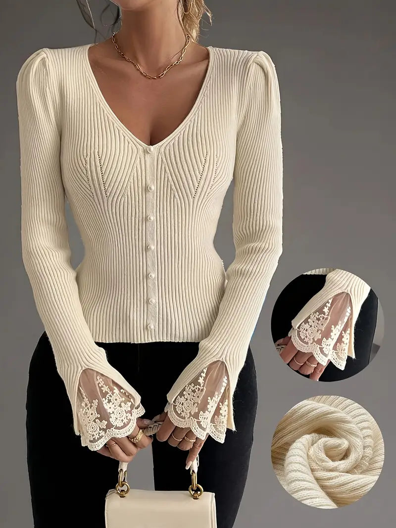Noralissa - Elegant Lace-Trimmed Sweater with V-Neck