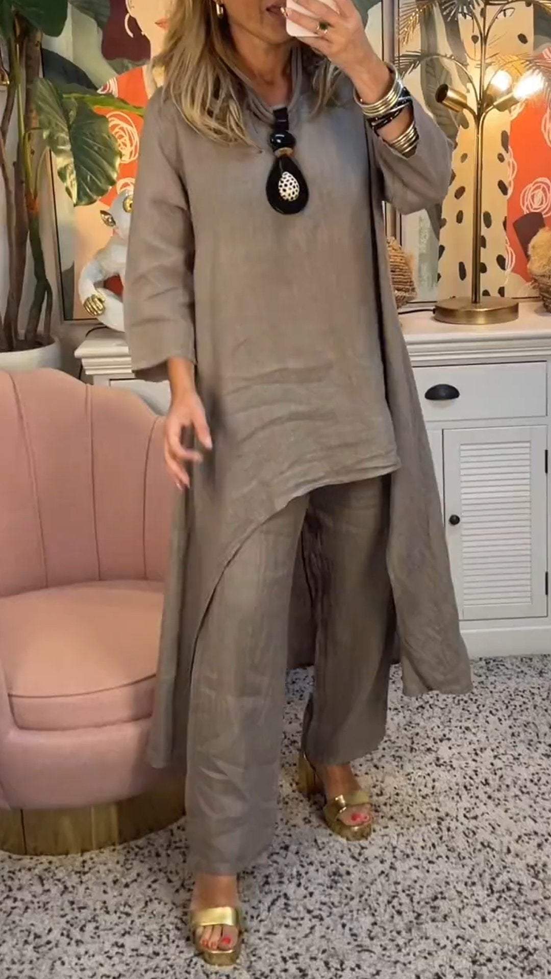 Melantha™ - Two Piece Cotton and Linen Round Neck Long Sleeve Set
