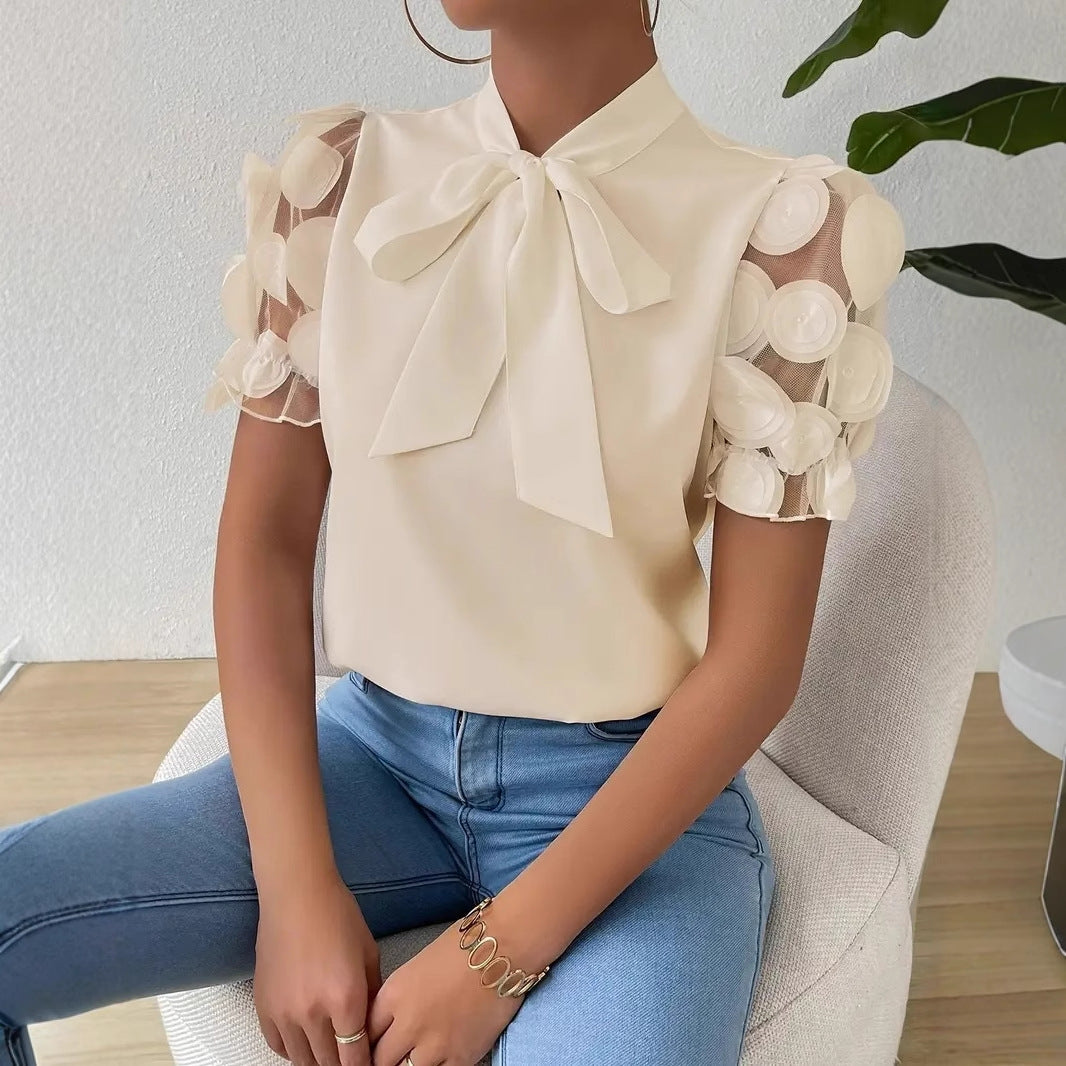 Cirelle™ - Plain lace summer blouse with bow and short sleeves