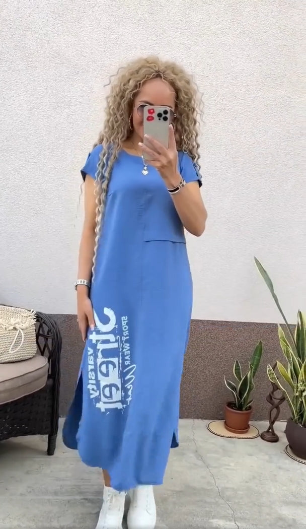 Delara - Letter Print Dress with Round Neckline and Slit over Pockets