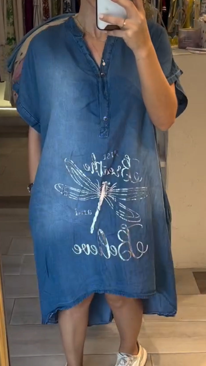 Delphina - V-neck Button Down Jean Casual Dress for everyday style