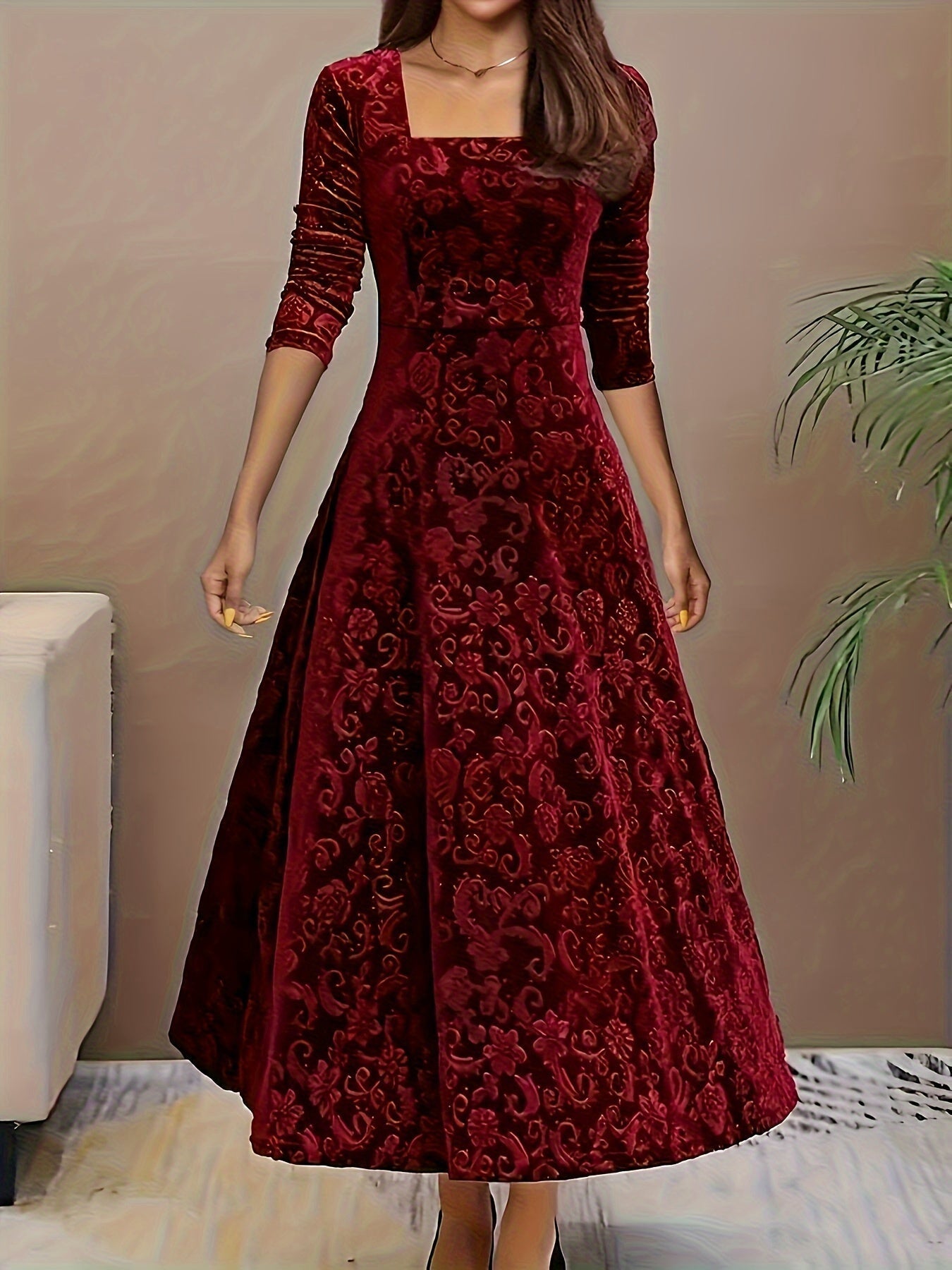 Morwenna - Stylish Cotton Floral Pattern Square Neck Velvet Formal Dress for Women | Ideal for Every Season