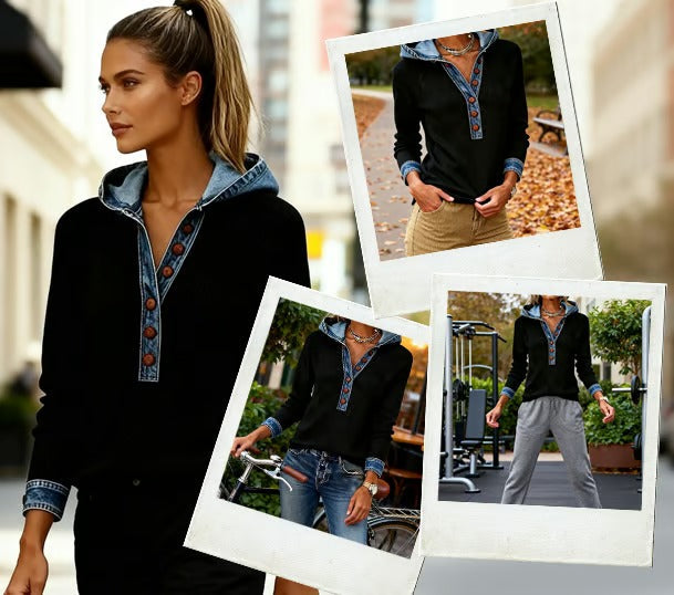 Kalivara - Casual Hoodie with Denim Details