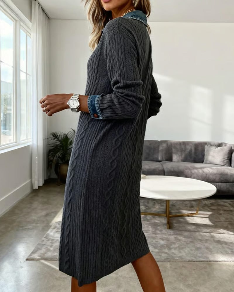 Bresaline - Chic Twisted Knit Dress with Denim Details