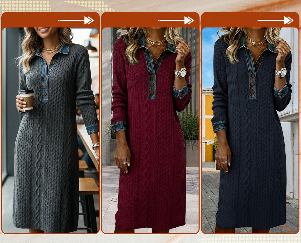 Bresaline - Chic Twisted Knit Dress with Denim Details