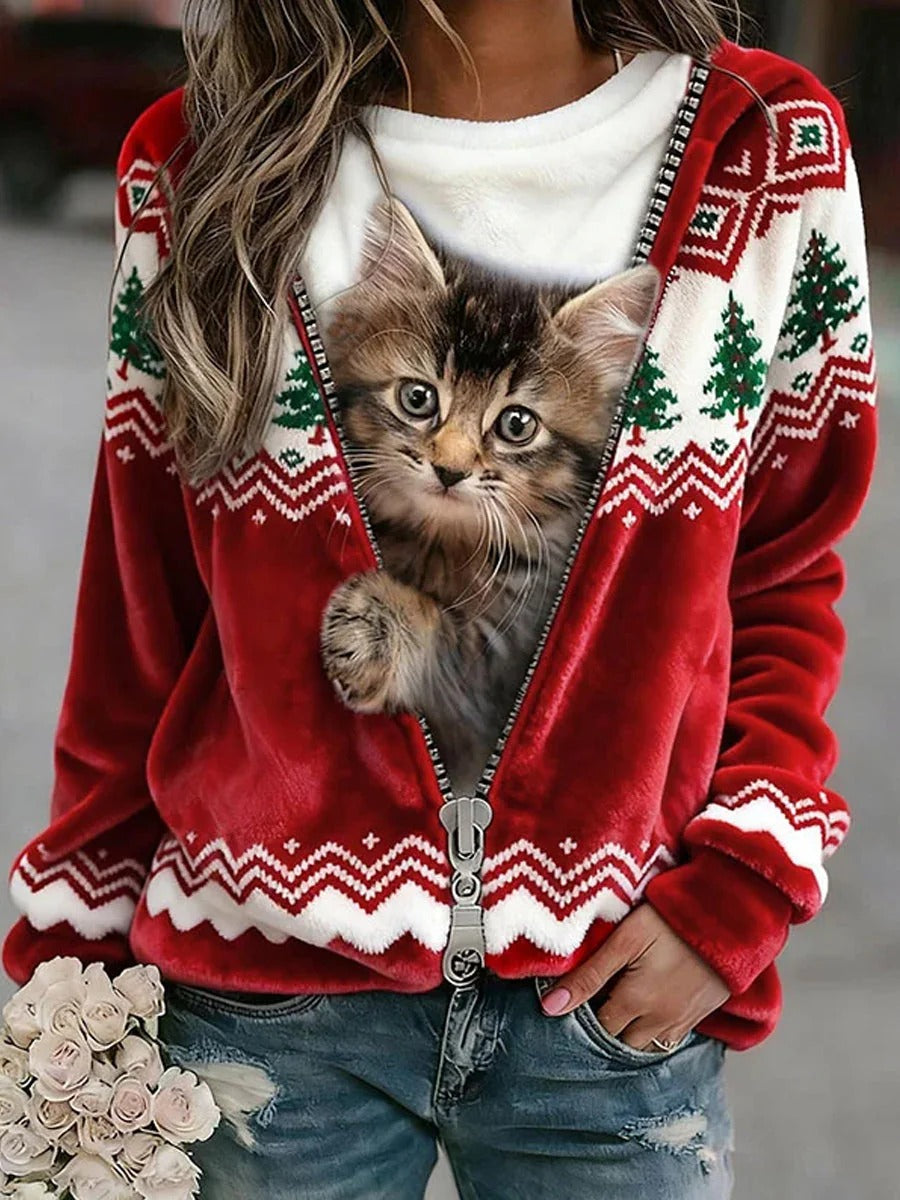 Lunaviera - Flannel Hoodie Christmas Cat